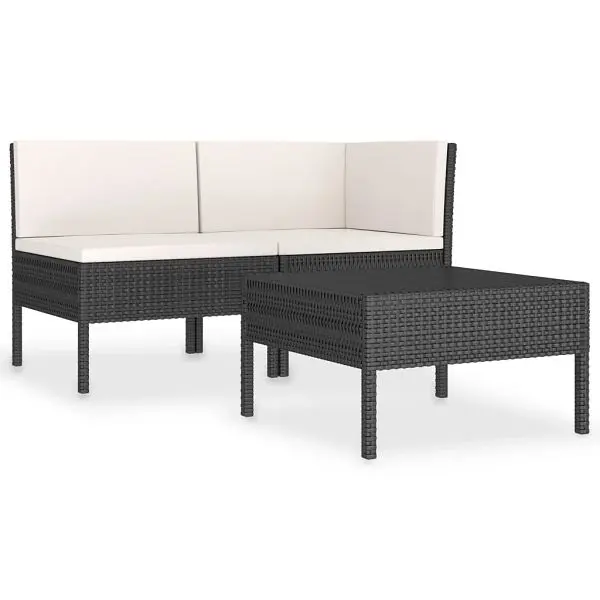 vidaXL 3 Piece Patio Lounge Set Cushions Poly Rattan Carbon Black, Cream white Cushions, 310186