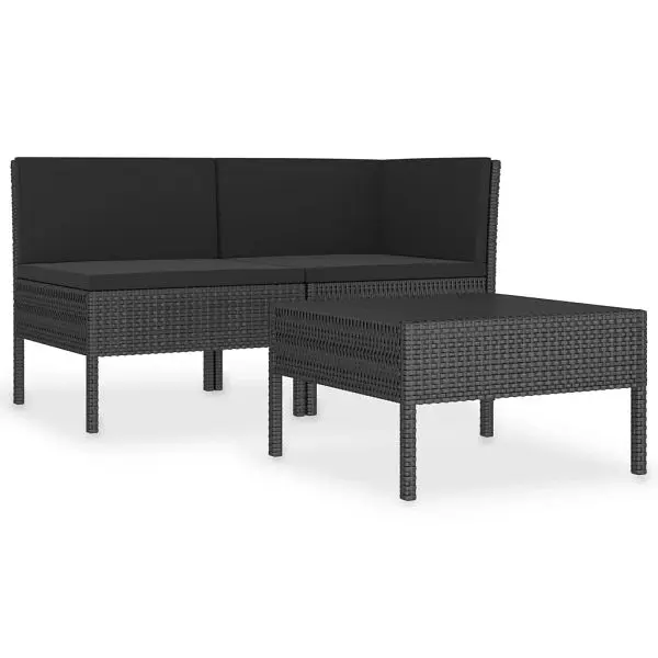 vidaXL 3 Piece Patio Lounge Set Cushions Poly Rattan Black, Corner sofa and Tea table, 310187