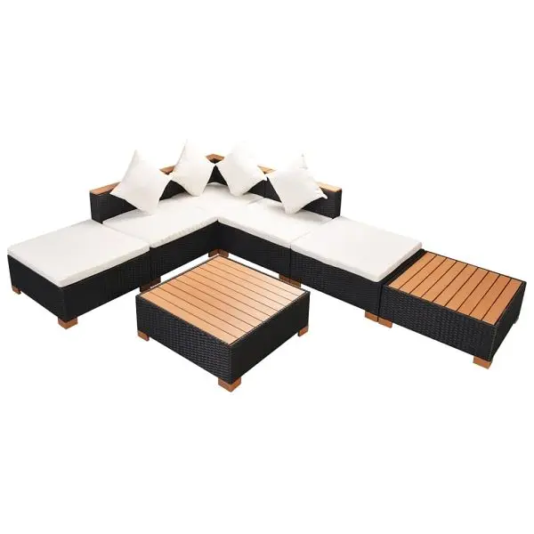 vidaXL 7 Piece Patio Lounge Set Cushions Poly Rattan Black, 42757
