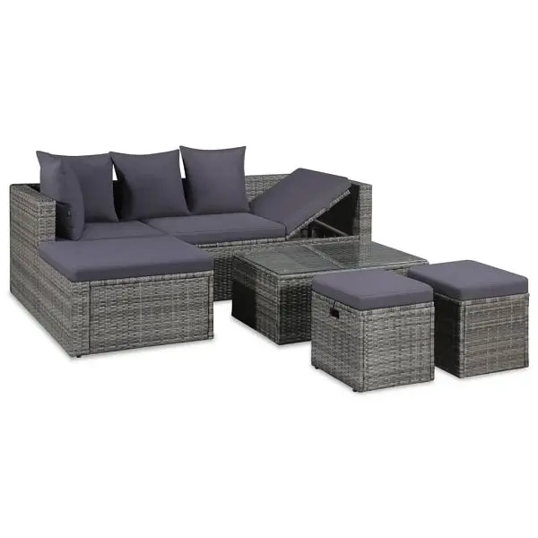 vidaXL 4 Piece Patio Lounge Set Cushions Poly Rattan Graphite, 2 x Footrest and Coffee table, 43956