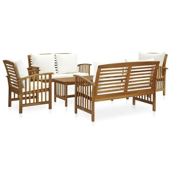vidaXL 5 Piece Patio Lounge Set Cushions Solid Acacia Wood, Pure White colored, 3057977