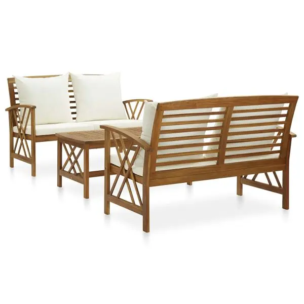 vidaXL 3 Piece Patio Lounge Set Cushions Solid Acacia Wood, Snow White colored, 3057988