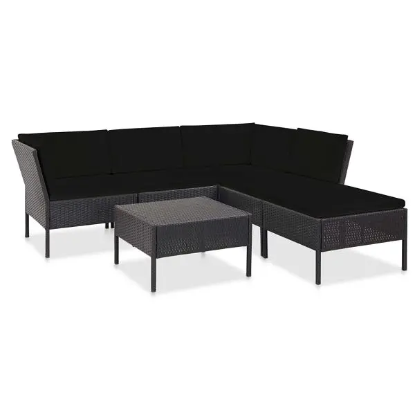 vidaXL 6 Piece Patio Lounge Set Cushions Poly Rattan Jet Black, 48941