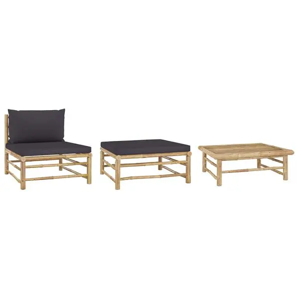 vidaXL 3 Piece Patio Lounge Set Dark Gunmetal Cushions Bamboo, 313150