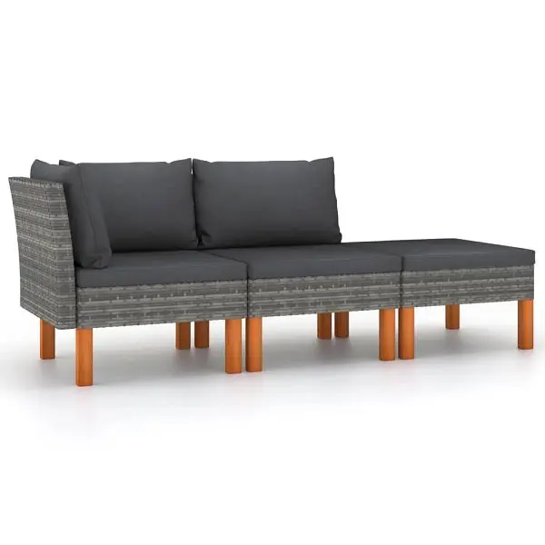 vidaXL 3 Piece Patio Lounge Set Poly Rattan and Solid Eucalyptus Wood, Gray colored, 315757