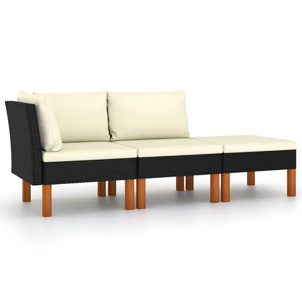 vidaXL 3 Piece Patio Lounge Set Poly Rattan and Solid Eucalyptus Wood, Black colored, 3 x Back cushion, 315766