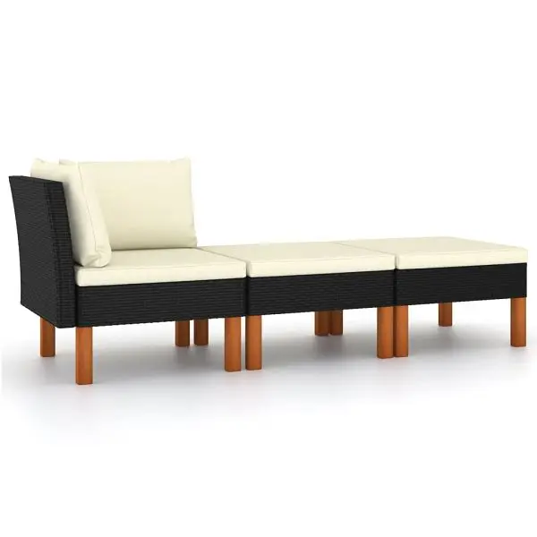 vidaXL 3 Piece Patio Lounge Set Poly Rattan and Solid Eucalyptus Wood, Black colored, 2 x Back cushion, 315769
