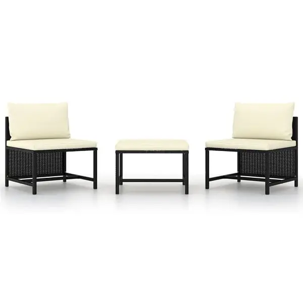 vidaXL 3 Piece Patio Sofa Set Cushions Black Poly Rattan, 313514