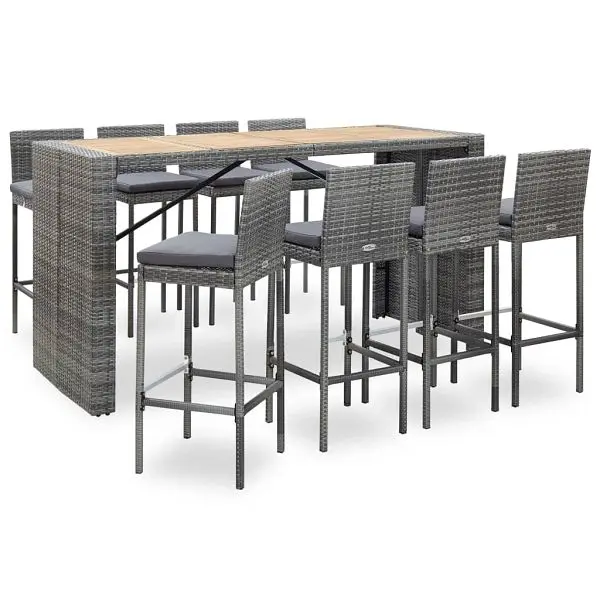 vidaXL Premium 9 Piece Patio Bar Set Poly Rattan and Acacia Wood Gray, 49567