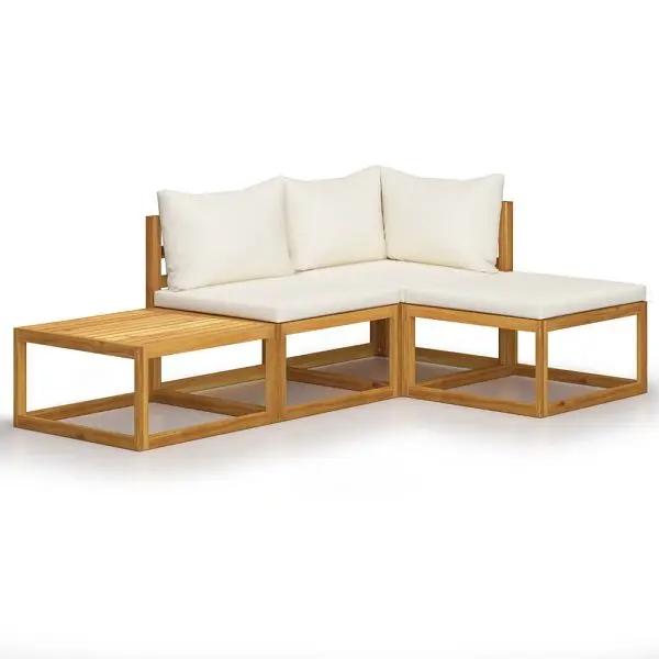 vidaXL Quick-Connect 4 Piece Patio Lounge Set Cushion Cream Solid Acacia Wood, 3057632