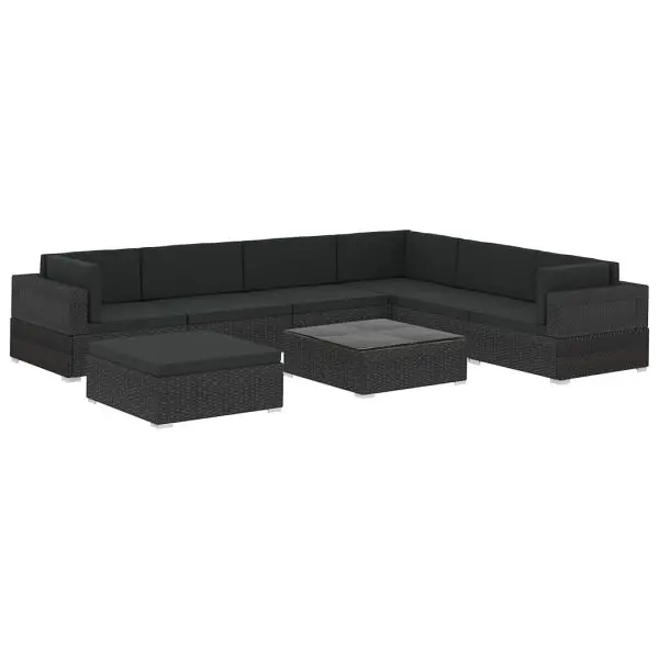 vidaXL Ready-to-Use 8 Piece Patio Lounge Set Cushions Poly Rattan Black, Tempered glass Tabletop, 48268