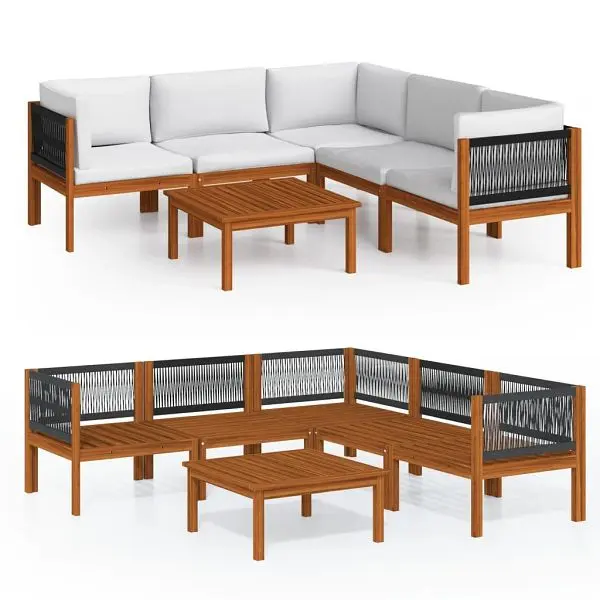 vidaXL Rugged 6 Piece Patio Lounge Set Cushions Cream Solid Acacia Wood, Cream colored, supportrest surround, 3057888