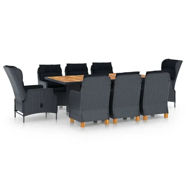 vidaXL Secure 9 Piece Patio Dining Set Cushions Poly Rattan Dark Silver Gray, 3060186