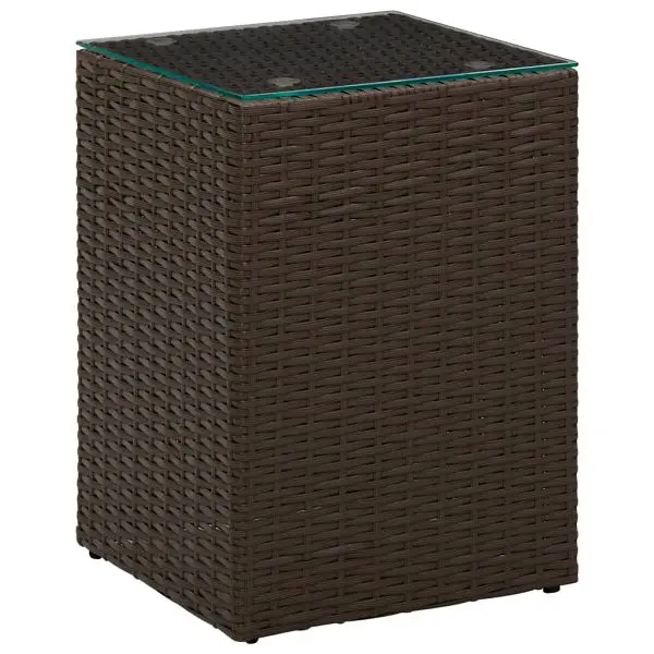 vidaXL Side Table Glass Top Tan 13.8"x13.8"x20.5" Poly Rattan, 316377