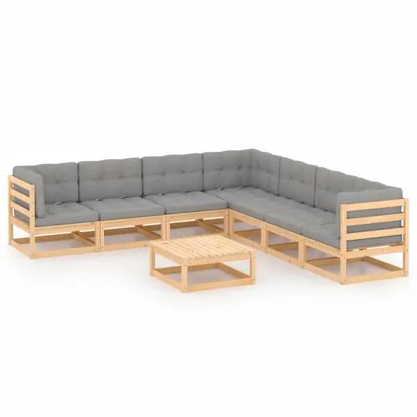 vidaXL Smooth 8 Piece Patio Lounge Set Cushions Solid Wood Pine, Gray colored, 3076879
