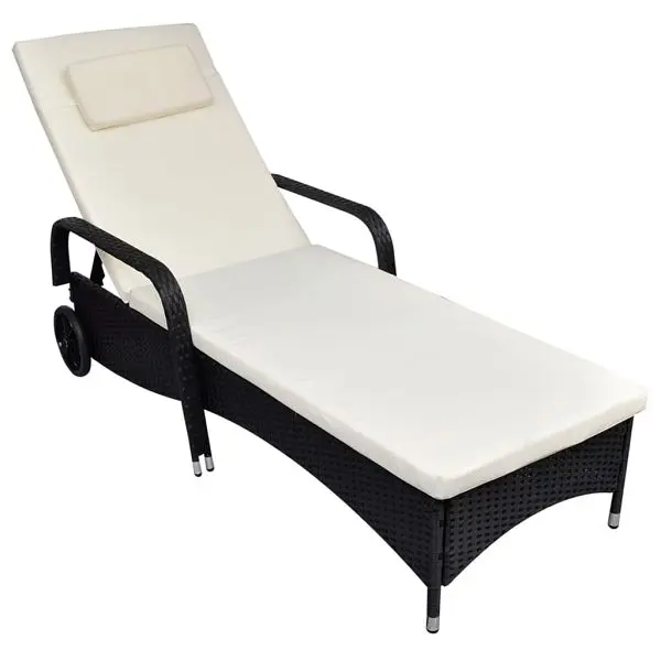 vidaXL Sun Lounger Cushion & Wheels Poly Rattan Matte Black, 42475