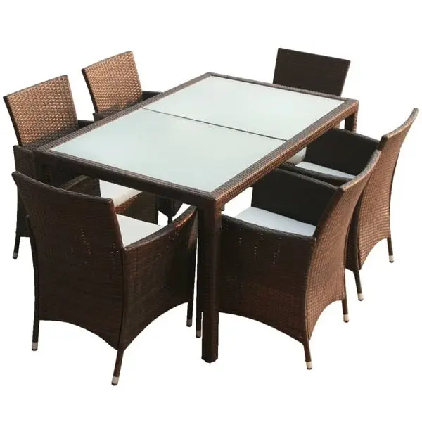 vidaXL Trusted 7 Piece Patio Dining Set Cushions Poly Rattan Brown, 43119