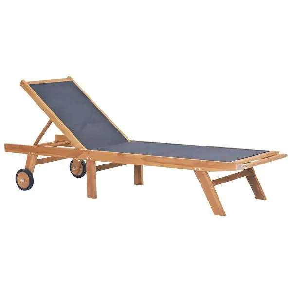 vidaXL Wide Folding Sun Lounger Wheels Solid Teak and Textilene, Brown colored, 44668