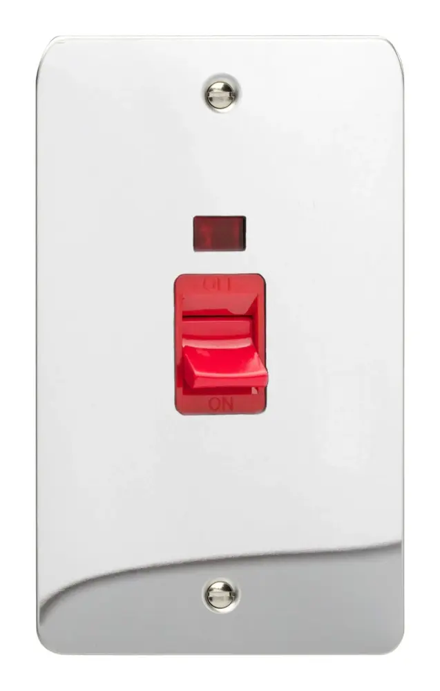 Varilight 45A Cooker Switch + Neon (Vertical Twin Plate, Red Rocker) Smooth Chrome XFC45N