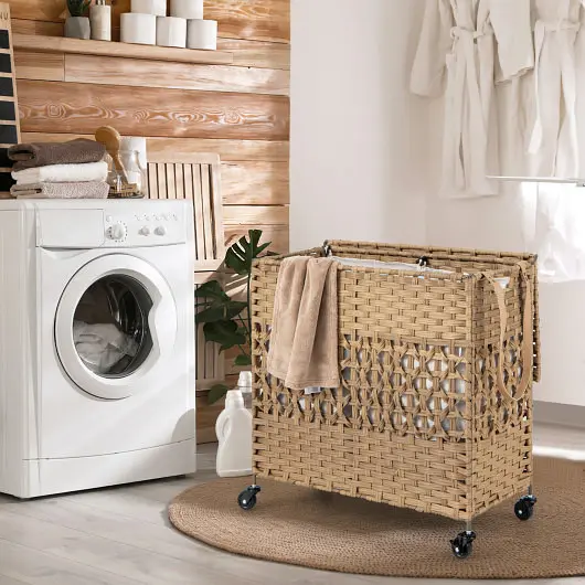 Costway 110L 2, Section Laundry Hamper 2 Removable and Washable Liner Bags, Raw, JZ10084NA