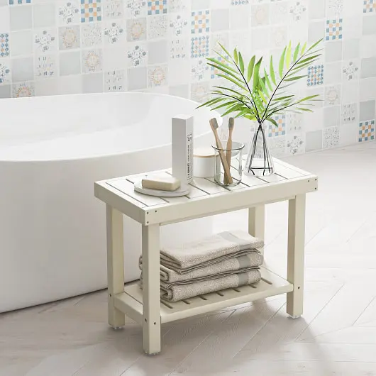 Costway 2-Tier Heavy Duty HDPE Shower Chair Storage Shelf and Anti, Slip Foot Pads, Pure White, BA7865WH