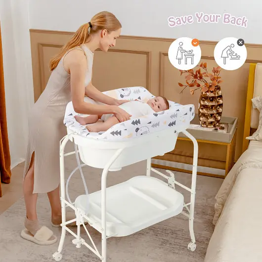 Costway Folding Baby Changing Table Bathtub and 4 Universal Wheels, Ivory, AC10011US-WH
