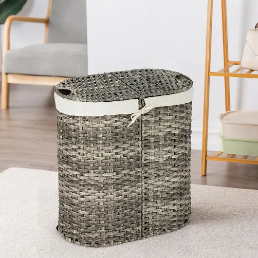 Costway Handwoven Laundry Hamper Binquireet 2 Removable Liner Bags, Gunmetal, HW67574GR