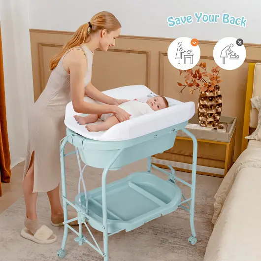 Costway Non-Slip Folding Baby Changing Table Bathtub and 4 Universal Wheels, Blue, AC10011US-BL