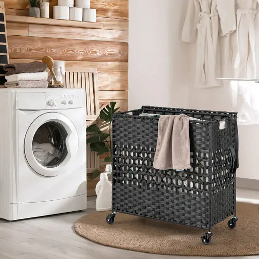 Costway Non-Toxic 110L 2, Section Laundry Hamper 2 Removable and Washable Liner Bags, Jet Black, JZ10084DK