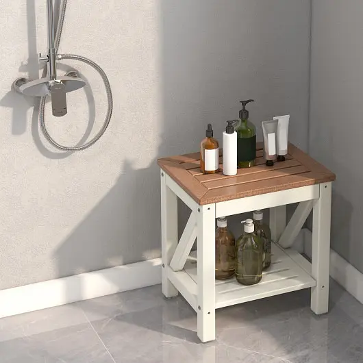 Costway Pro-Series 2-tier Waterproof Shower Bench Storage Shelf, Brown, BA7863CF