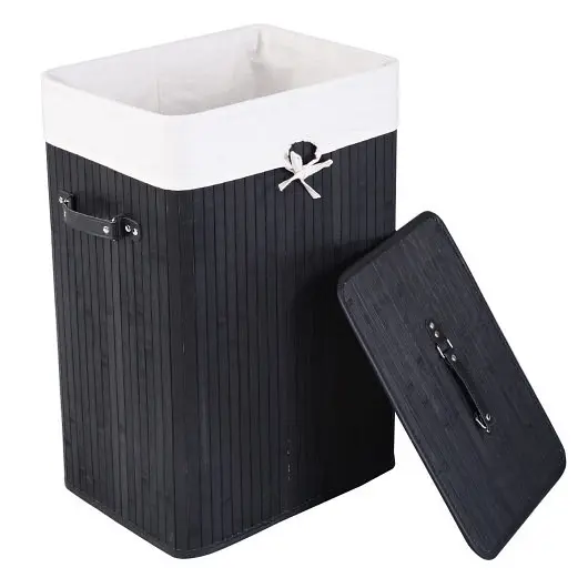 Costway Rectangle Bamboo Hamper Laundry Binquireet Washing Cloth Bin Storage Bag Lid 3 color, Black, HW67642BK