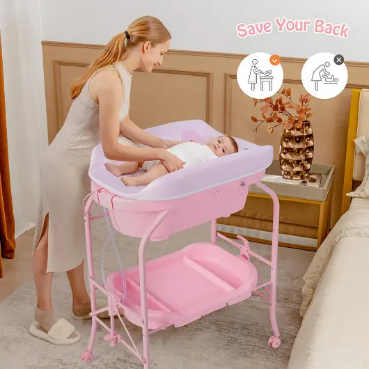 Costway Sustainable Folding Baby Changing Table Bathtub and 4 Universal Wheels, Spring Pink, AC10011US-PI