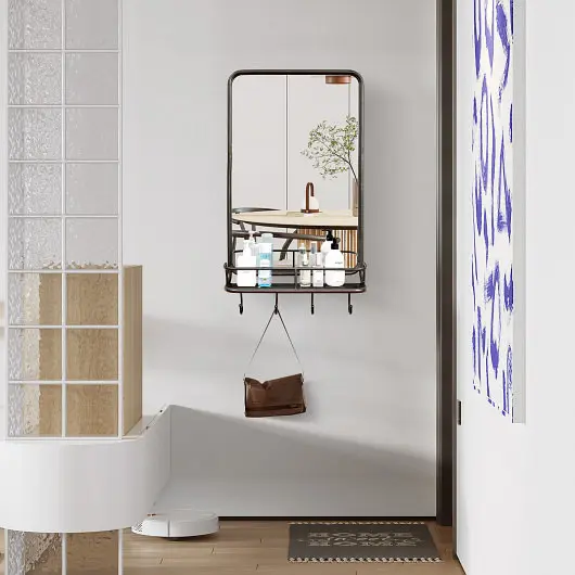 Costway Wall Bathroom Mirror Shelf Hooks Robust Metal Frame Bedroom Living Room, JV10299