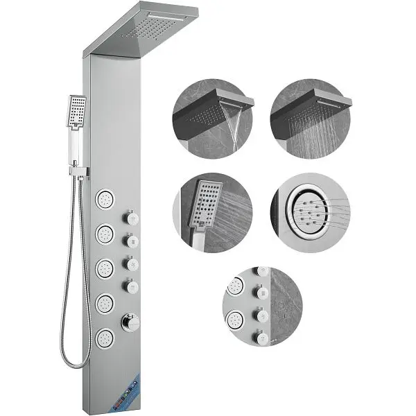 VEVOR Shower Panel System, 4 Shower Modes Panel Tower, Rainfall, Waterfall, 5 Full Body Massage Jets, 3-Setting Handheld S...