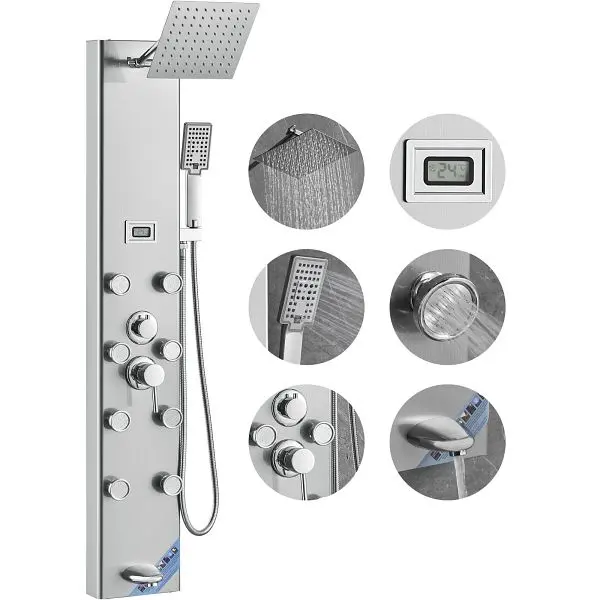 VEVOR Shower Panel System, 5 Shower Modes, Digital Presentation Panel Tower, Rainfall, 8 Massage Jets, 3-Setting Handheld ...