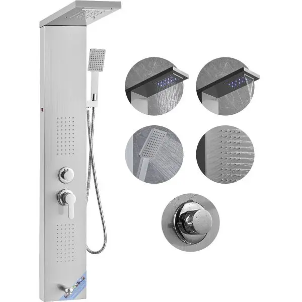 VEVOR Specialty Shower Panel System, 5 Shower Modes, LED Shower Panel Tower, Rainfall, Waterfall, 2 Body Massage Jets, FTY...