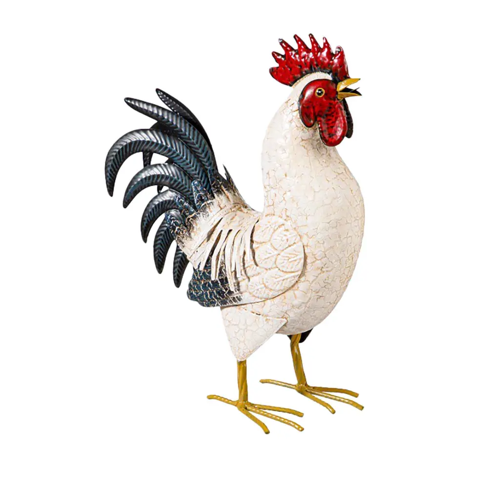 All-metal Rooster Statuette Light Feathers, 14"