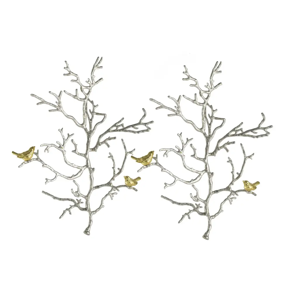 Metal Branch Wall Sculptures Bird Accents (Set 2) - Silver Multiple
