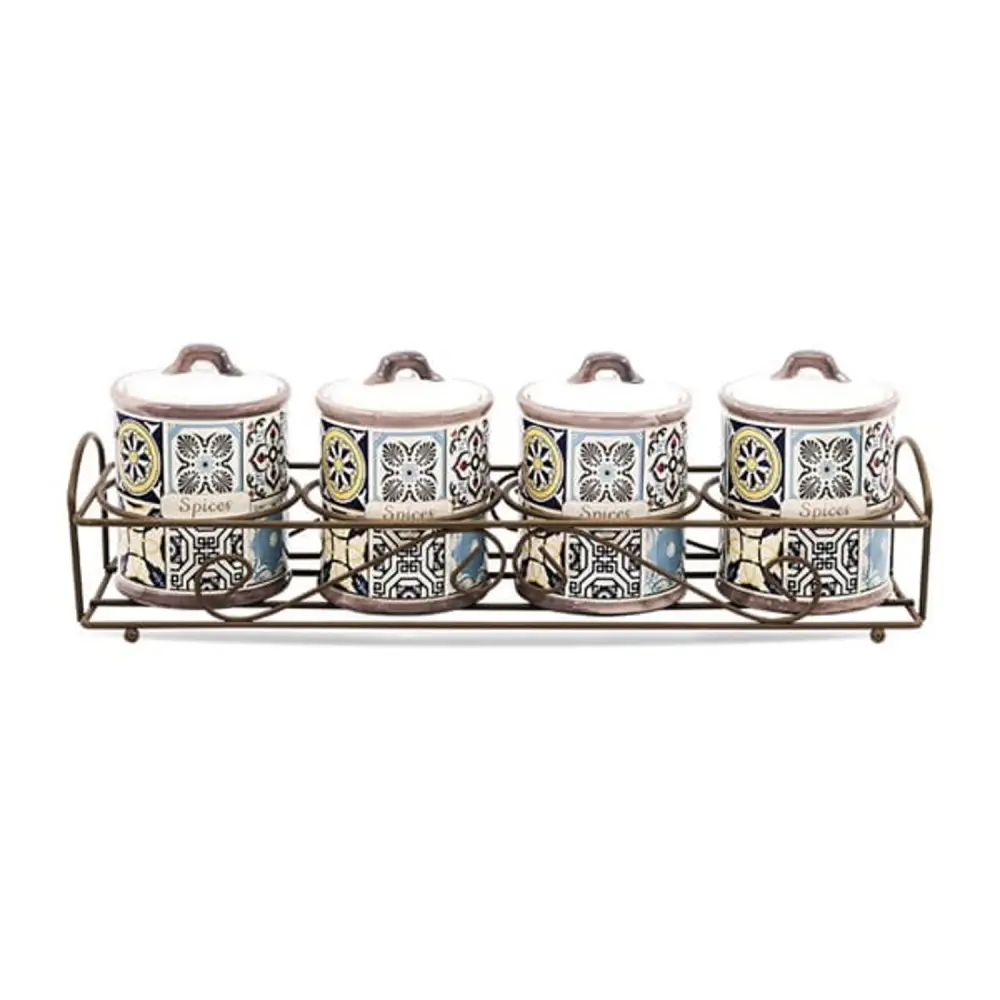 Holiday Porto Maestro ceramic container set, 5 items, 200ml capacity, first-rate spices, metal stand, MR-20005-04CS