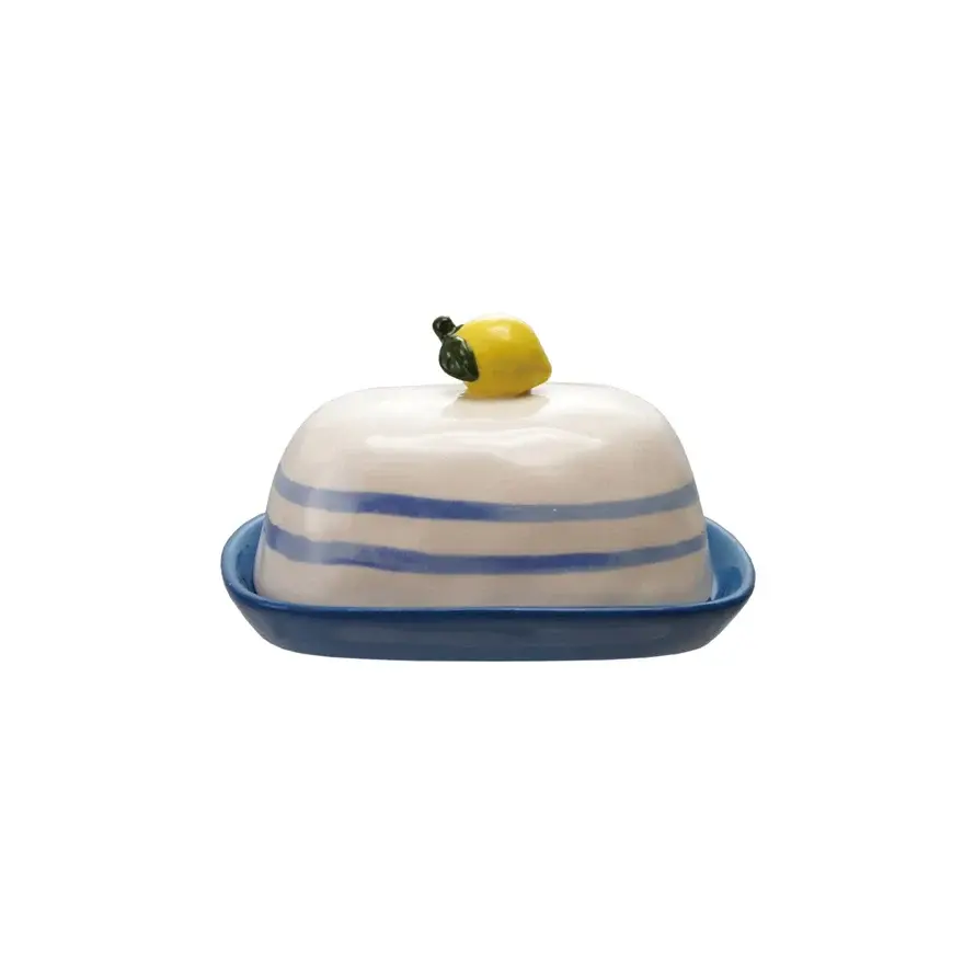 Hand-Painted Stoneware Butter Dish Finial & Stripes