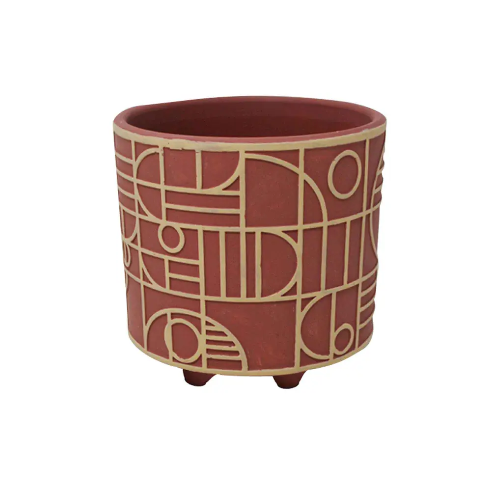 Red Cement Pot Geometrical Patterns, 4.7" x 4.5"