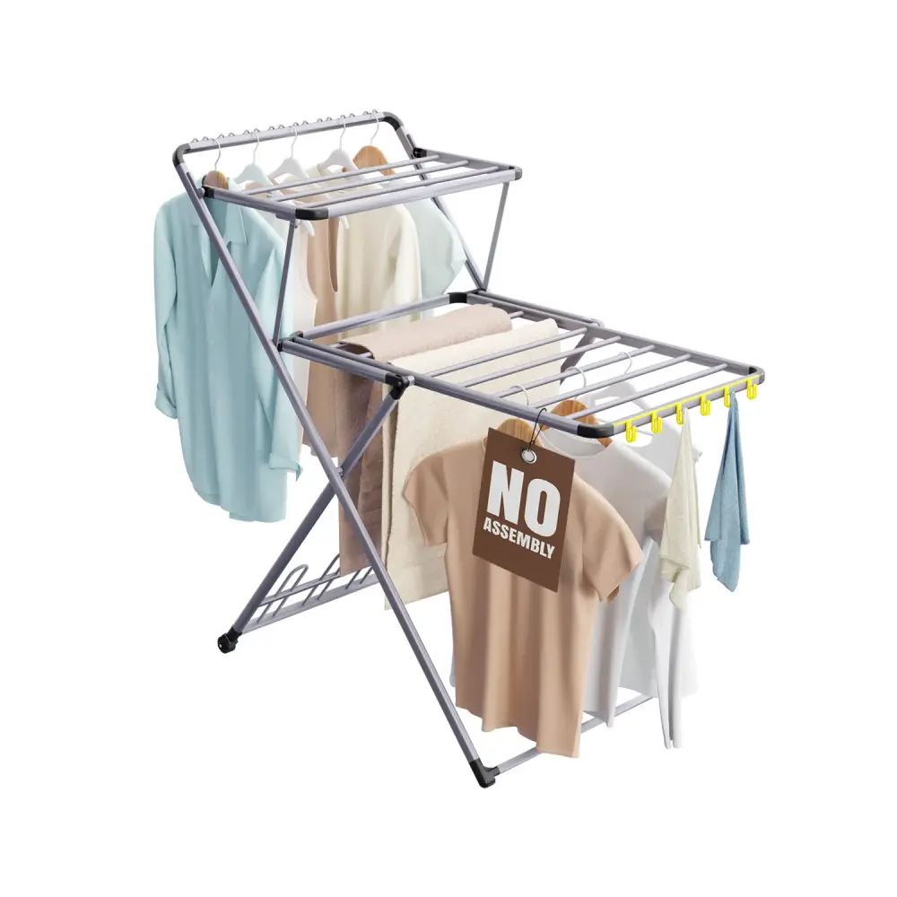 Clothes Drying Rack Shoe Dryer | No Assembly | Metal Construction, Non-Slip Feet | 2 Level Hooks | Hidden Wheels | Foldabl...