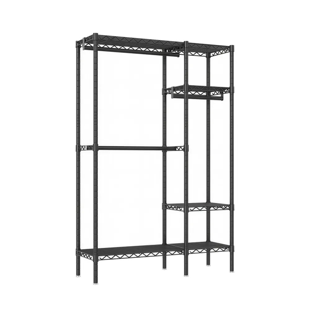 Freestanding Clothes Rack, 6 Adjustable Wire Shelves And 3 Garment Rails - Ebony