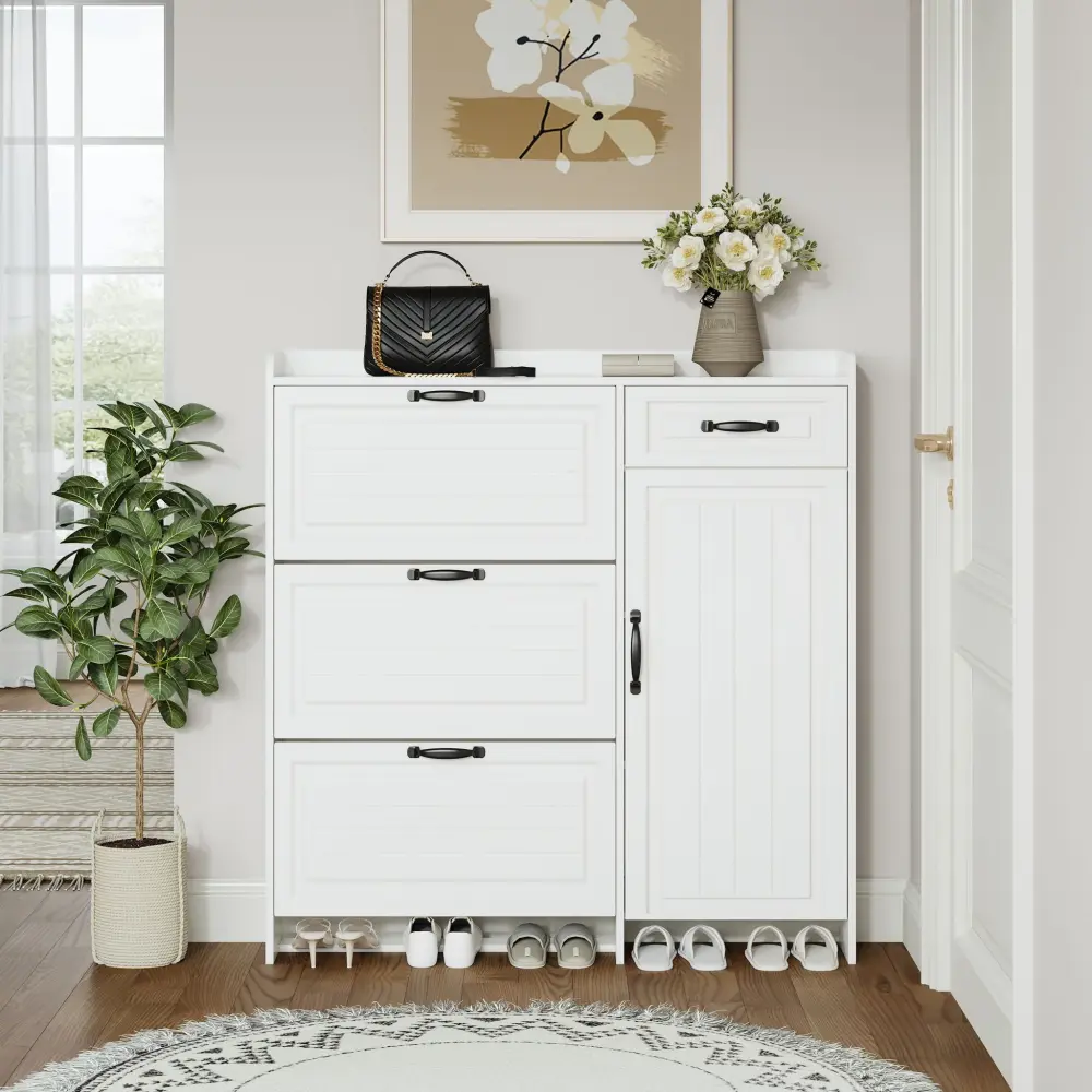 Shoe Cabinet 4 Doors 1 Drawers, PVC Door Shape, Large Space Storage - Ivory