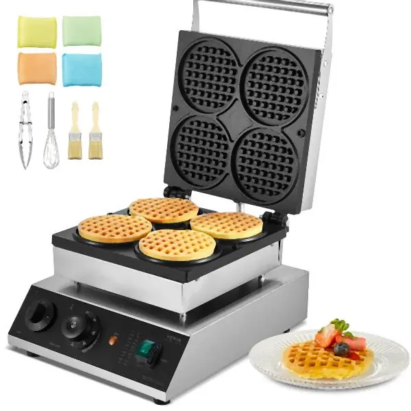 VEVOR Ready-to-Use 4 Pieces Commercial Waffle Maker Round Waffle Wrought Iron Machine 1750W Non-Stick, SYBLSHFBJDPF0EHRRV1
