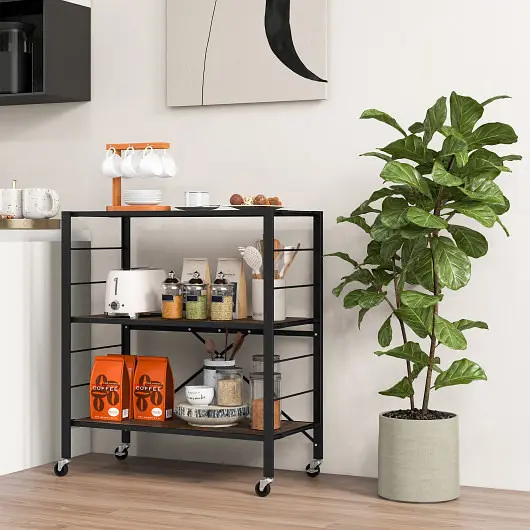 Costway 3-Tier Foldable Shelving Unit Detachable Wheels and Adjustable Shelves, Black, JZ10222DK