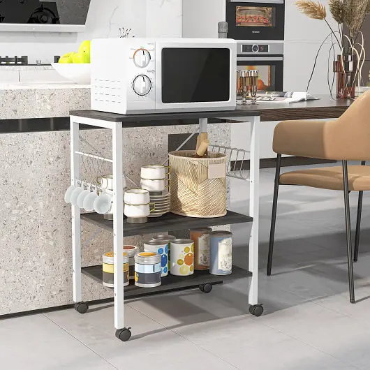 Costway 3-Tier Kitchen Baker's Rack Microwave Oven Storage Cart Hooks, Deep Bronze, JZ10016BN