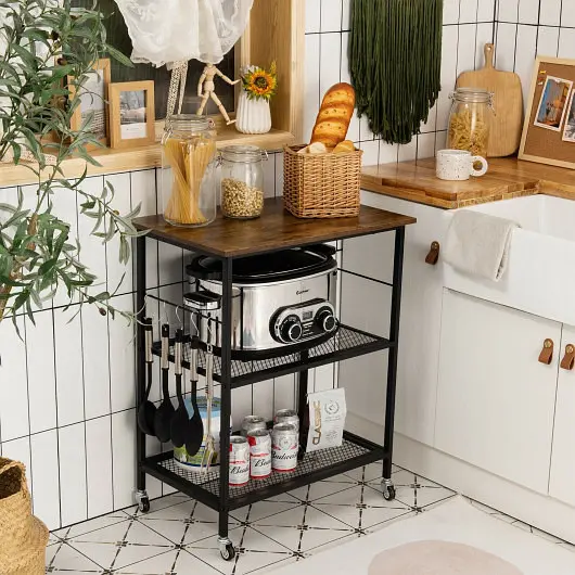Costway 3-Tier Kitchen Serving Cart Functionality Standing Microwave Rack Hooks Bronze, JZ10017CF