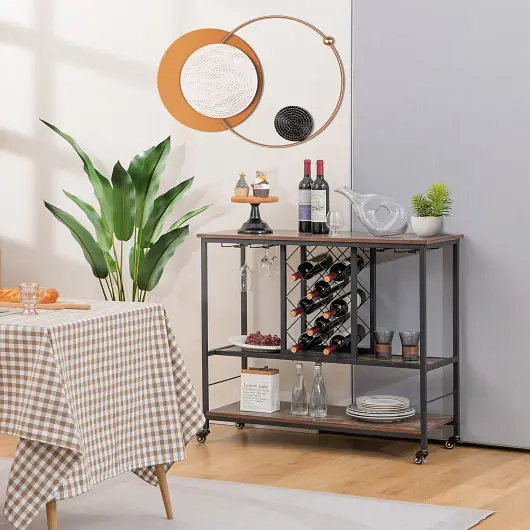 Costway 3-Tier Wine Bar Cabinet wit 8 Bottles Rack and 12 Glasses Hanger, Rustic Brown, KC54708CF