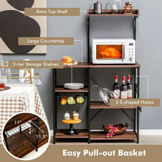 Costway 4-tier Kitchen Baker's Rack Binquireet and 5 Hooks, Dark Espresso, HW65951BN
